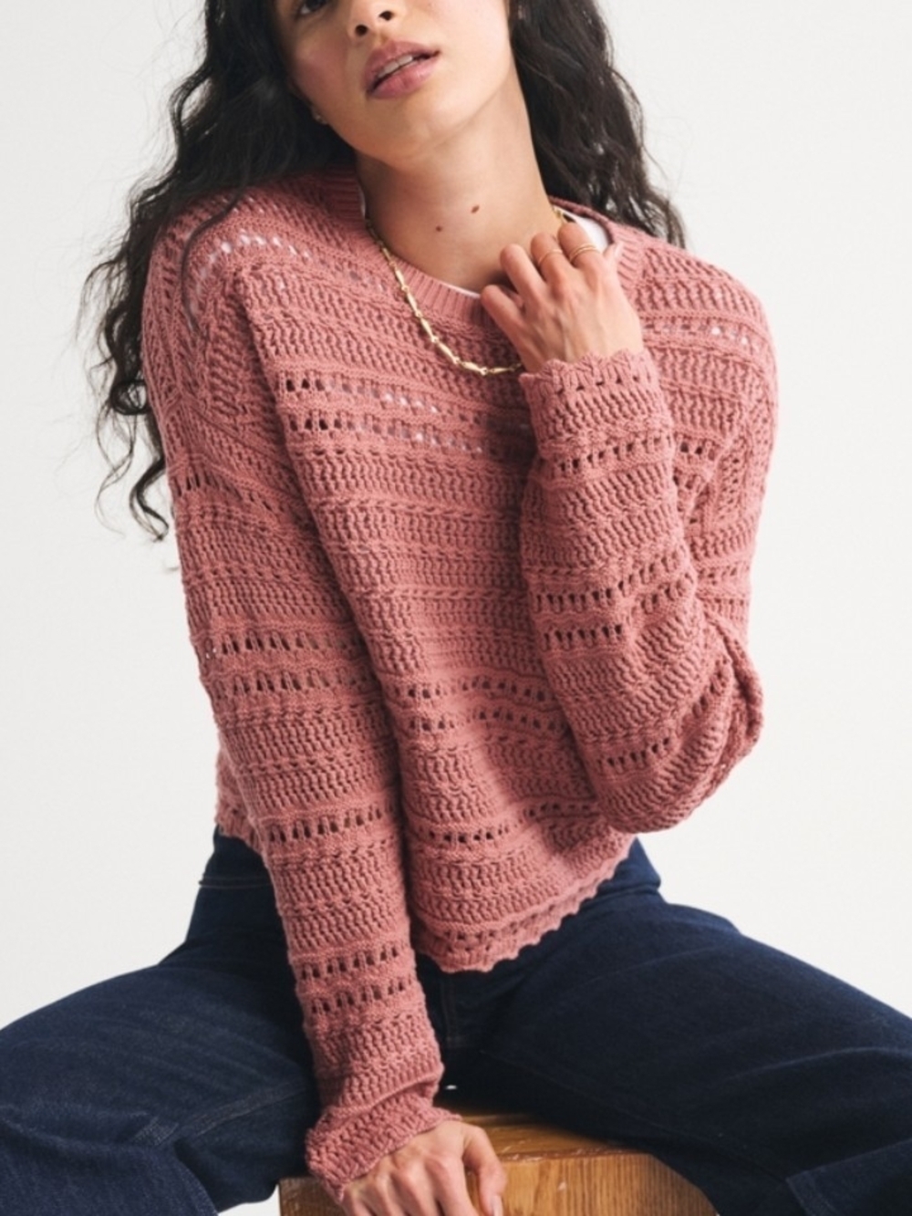 NWT Abercrombie & Fitch Textured Open Stitch Crewneck Sweater In Rose Pink - S
